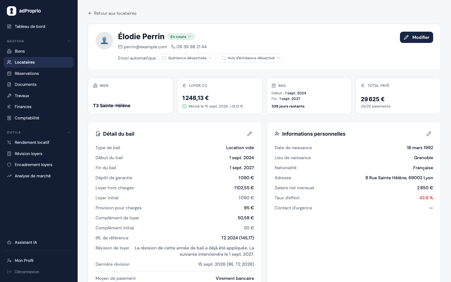 Fiche locataire adProprio&nbsp;: bail, historique des paiements et documents