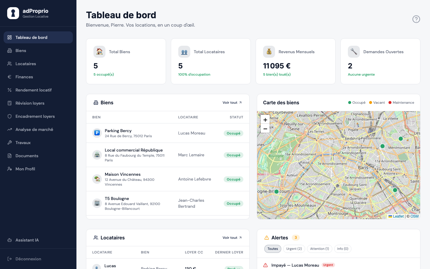 Tableau de bord adProprio — KPIs, carte des biens et suivi locataires